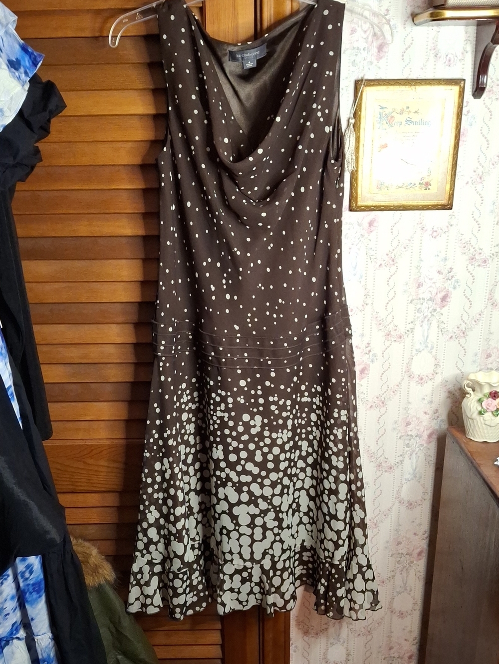 Liz Claiborne Brown Polka Dot Lines Dress Cowl Neck Side Zip Ruffled Hem Sz 4
